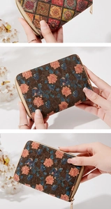 Detail view of vintage cork short wallets featuring geometric and floral printed patterns