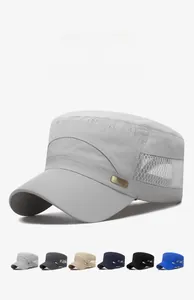 Detail of grey mesh flat top military cap with side metal tag and six color options
