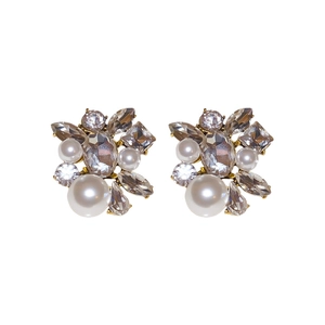 Elegant gold drop earrings with white pearls and sparkling rhinestones for women