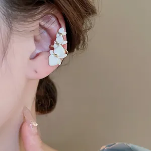 White Orchid Flower Ear Bone Clip Gold Plated Copper Enamel Non Pierced Wrap Earrings Elegant Sweet Jewelry For Women
