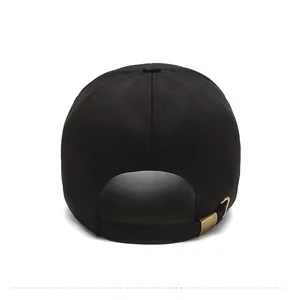 Detail view of the black cotton baseball cap back with adjustable bronze metal buckle