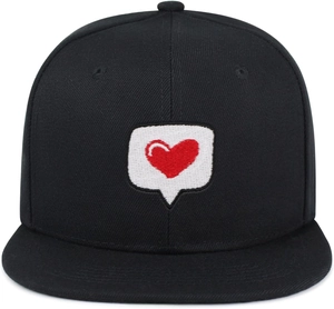Close-up of heart embroidery detail on a structured black snapback hip hop cap