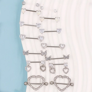 Minimalist heart and butterfly nipple rings set with zircon and opal in surgical steel