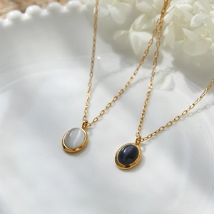 Vintage Oval Katzenaugenstein Anhänger Halskette Für Damen 18K Vergoldet Titanstahl Schwarze Onyx Kette Schmuck