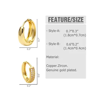 Size chart for gold-plated zircon hoop earrings with detailed width and height dimensions