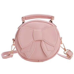 Pink round children's crossbody bag with cute bow decoration and gold metal hardware