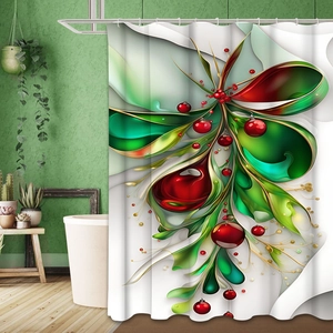 Detail of Christmas themed bath curtain with red ornaments and green leaves in bathroom