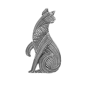 Vintage silver cat brooch with abstract geometric patterns and bohemian carvings