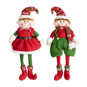 Christmas elf plush dolls with telescopic legs in red and green festive holiday costumes