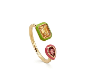 Close-up of S925 silver ring with colorful enamel and geometric zircon gemstones