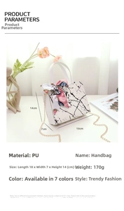 Detailed view of marble pattern handbag with pink silk scarf and size parameters