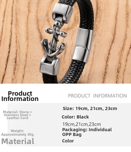 Detail showing braided leather cord and anchor charm on a rustic wood background