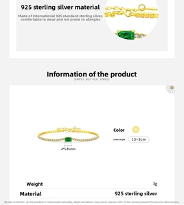 Detailed specs of S925 silver bracelet featuring emerald cut green zircon and crystal
