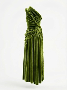 Detail of olive green velvet dress featuring a unique rope-style braided shoulder strap