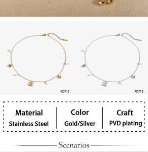 Detail view of PVD plated stainless steel cherry and heart necklaces in gold and silver
