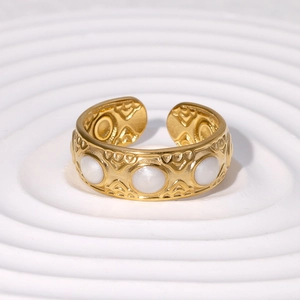 Vintage 18K gold-plated stainless steel open ring with white circular inlay on white base
