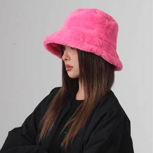 Women Faux Fur Bucket Hat Warm Soft Plush Solid Color Fisherman Cap Winter Outdoor Accessory Japanese Style