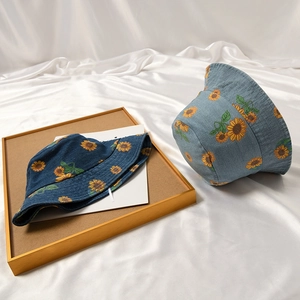 Kids Sunflower Print Denim Bucket Hat Cotton Sun Protection Summer Fisherman Cap Casual Outdoor Beach Hat For Boys Girls