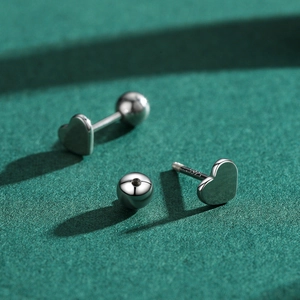S925 sterling silver heart stud earrings with secure screw-back ball closure design
