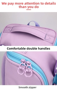 Detail view of the purple school bag featuring a padded handle and smooth dual zippers
