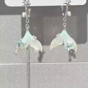 Asymmetric Mermaid Tail Long Tassel Earrings With 925 Sterling Silver Earring Post Artificial Pearl Star Rhinestone For Women