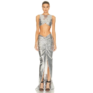 Paillettes Argentées Femme Sexy Crop Top Sans Manches Et Jupe Longue Moulante Froncée Taille Haute Pour Soirée Clubwear