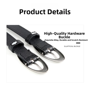 Close-up of black leather belt with a durable elliptical alloy buckle and fine texture