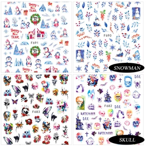 Self-adhesive nail art stickers set with snowman, penguin, and skull holiday designs