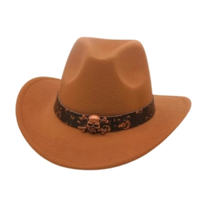 Detail of wool felt cowboy hat featuring bronze skull studs on dark brown band