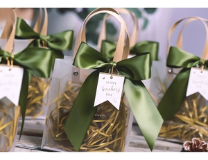 Detail of frosted gift bag with olive green ribbon bow and happy teacher's day tag