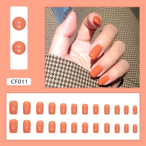 Glossy orange medium-long square press-on nails set with 24 pieces for women