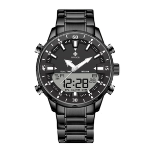 Black stainless steel dual display men's watch with luminous hands and 50M waterproof