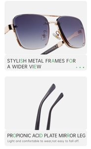 Detail view of square metal frame sunglasses with gradient grey lenses and acetate temples
