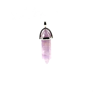 Macro detail of hexagonal purple crystal pillar pendant with silver metallic clasp