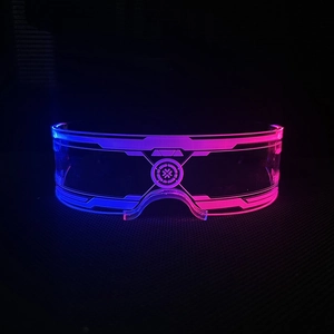 Cyberpunk LED glasses with blue and pink gradient lighting on black background
