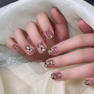Press On Nägel Kurz Rund Nude Rosa Kamelienblüte Design Handbemalt Glänzend ABS Abnehmbare Künstliche Nägel Damen