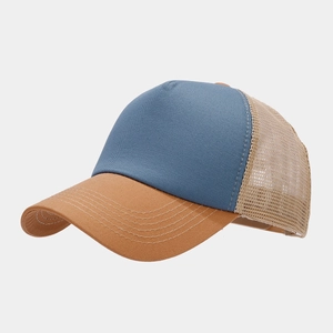 Detail of breathable mesh back and neat stitching on a two-tone trucker baseball cap