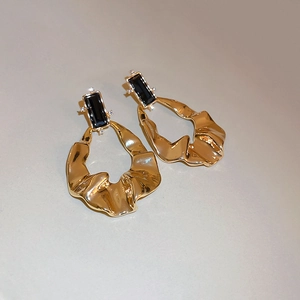 Geometric Drop Earrings With 925 Sterling Silver Earring Post Copper Wrinkled Metal Black Gemstone Rhinestone For Women Vintage