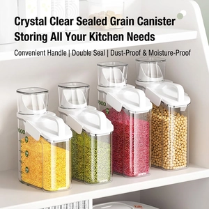Set of 4 airtight cereal containers with handles and measuring cups for kitchen grain storage