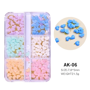 Detail of 6-grid box with colorful heart-shaped 3D nail art charms and golden beads