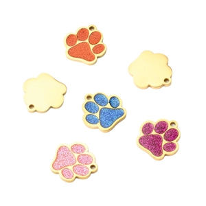 Colorful glitter dog paw identity tags in stainless steel and gold-plated metal base