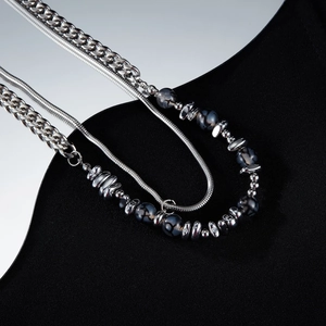Double-layer stainless steel snake and Cuban chain necklace with dark natural stone beads