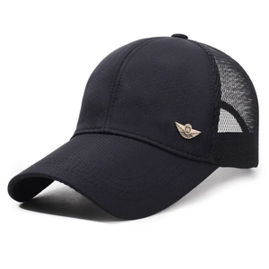 Black mesh baseball cap with long visor and gold wing emblem for outdoor sun protection
