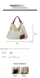 Detailed size parameters of the large canvas tote bag with dimensions and weight info