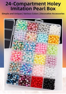 24 colors of 6mm ABS faux pearls with holes organized in a transparent plastic storage box