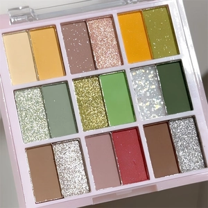 Close-up of 18-color eyeshadow palette with matte, shimmer, and glitter textures