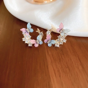 Sparkling crystal butterfly stud earrings with pink blue gradient wings for women