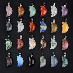 Variety of carved moon face stone pendants in 24 natural crystals for DIY jewelry making