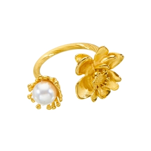 Golden open ring featuring a textured rose and white pearl detail on a sleek band