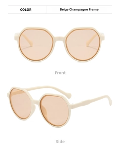 Front and side views of beige frame sunglasses with champagne lenses on white background